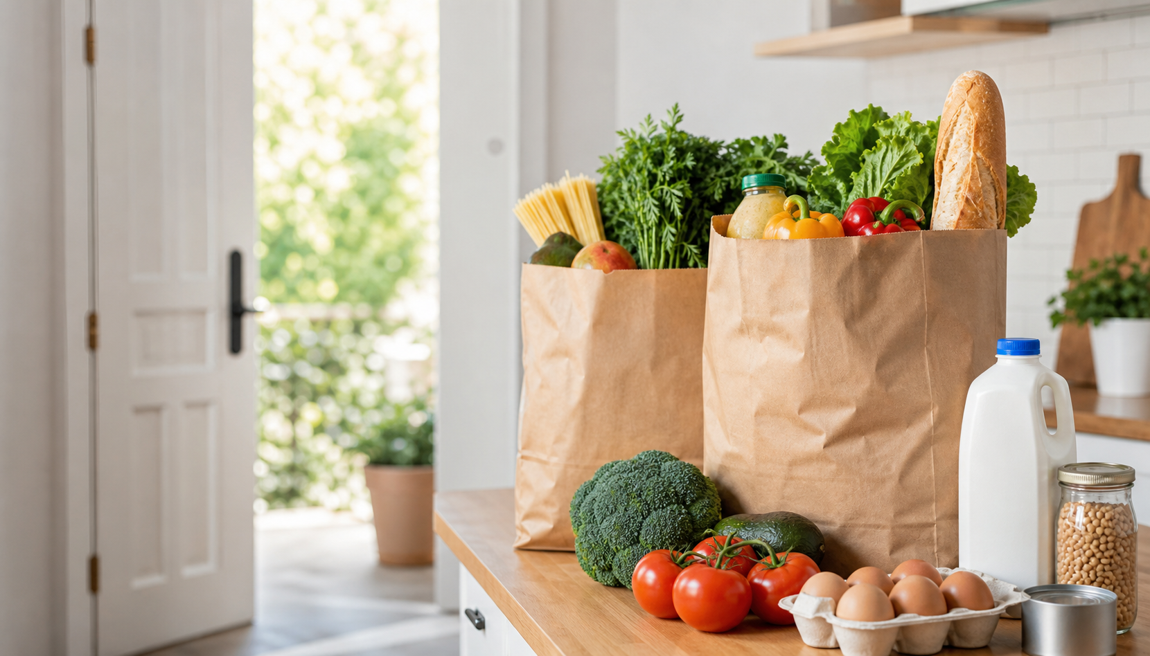 Fresh produce and groceries arranged on a kitchen counter